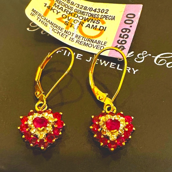 14K Solid Real Gold NATURAL Ruby & Diamond long dangle earrings sparkly! - Picture 3 of 12